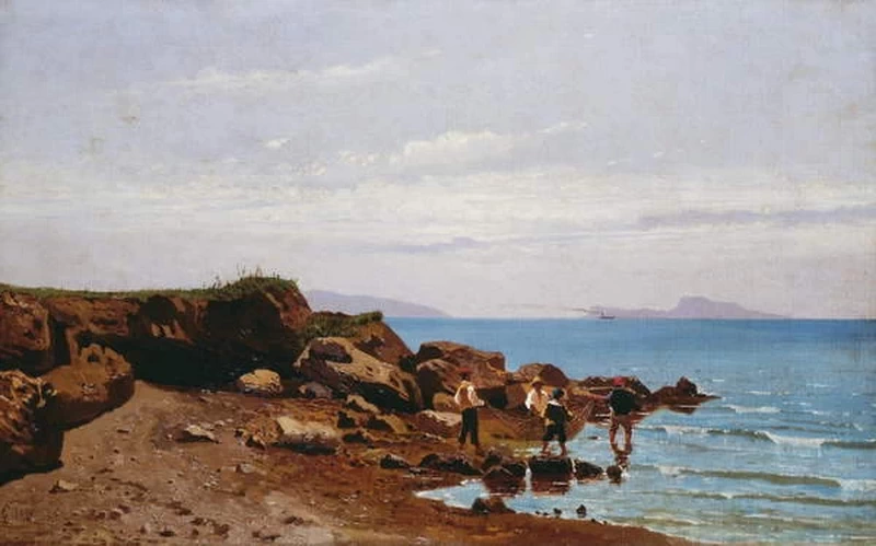 Pescatori sulla costa napoletana, con l'isola di Capri sullo sfondo